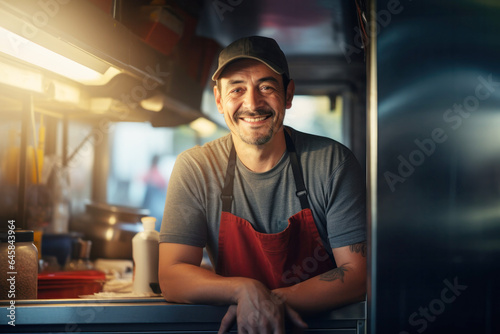 Close-up portrait of a male seller in a food truck, at the evening