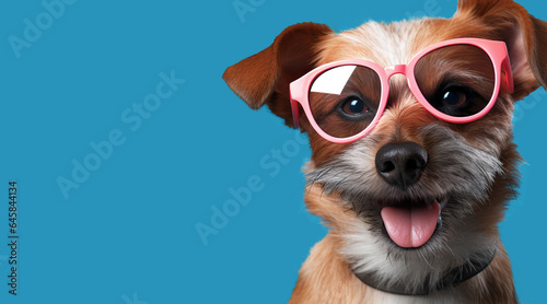 Funny portrait of a puppy with sunglasses on blue background with margin for copy space. Genetrative AI