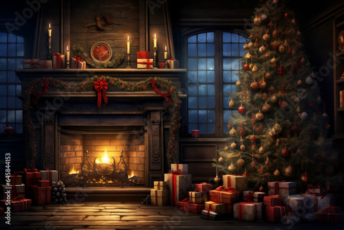Enchanting Christmas Atmosphere  Illuminated Tree  Fireplace  and Gifts