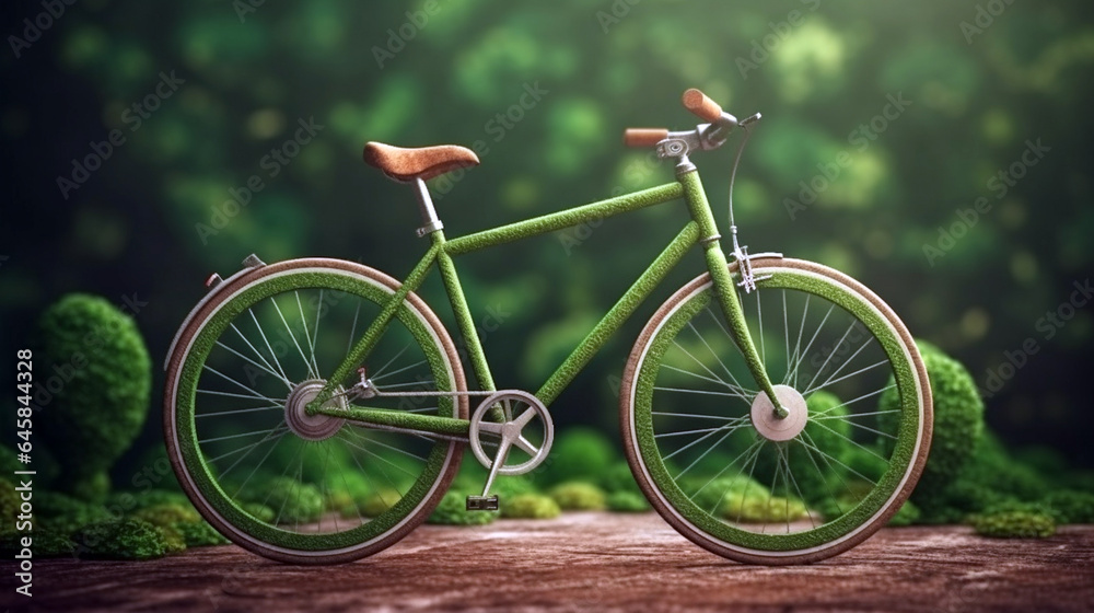 Bike on a forest trail in the morning. beautiful forest. green bicycle