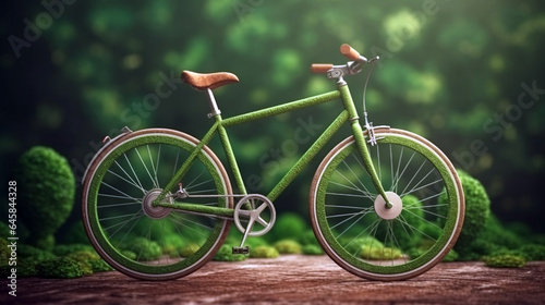 Bike on a forest trail in the morning. beautiful forest. green bicycle