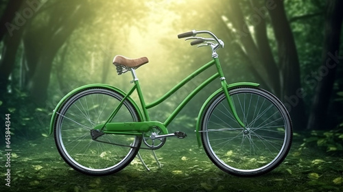 Bike on a forest trail in the morning. beautiful forest. green bicycle