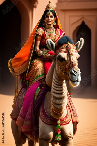 A indian woman riding on camel 