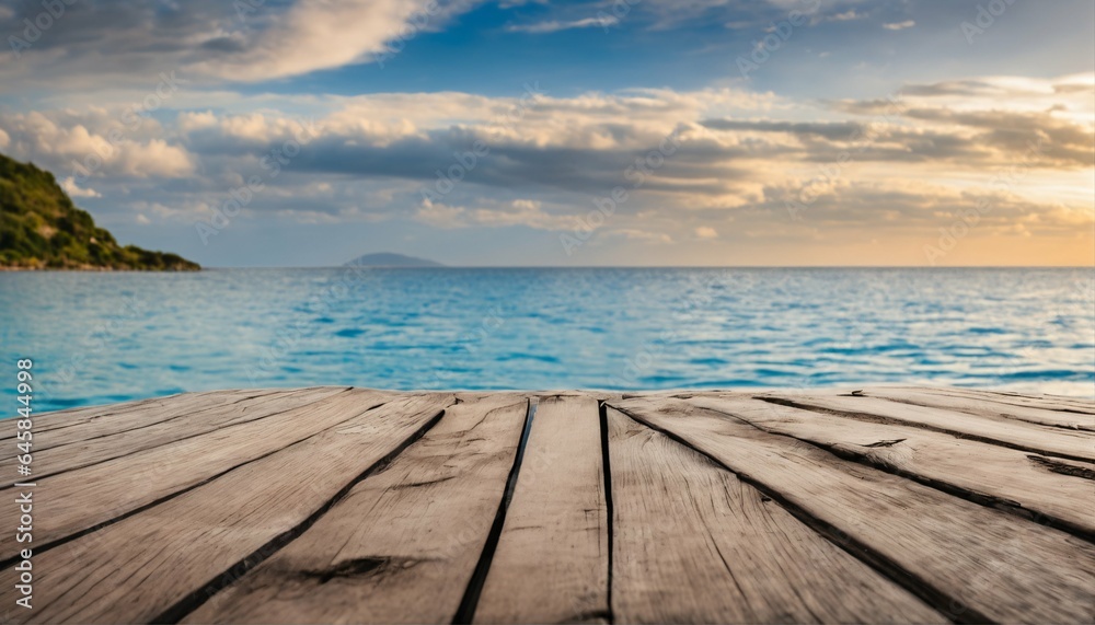 Wooden table with sea, island, and blue sky in the background