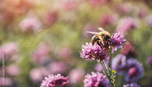 Bright sunny day with bees working on beautiful colorful natural flower background in spring and summer