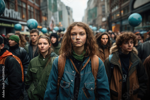 A diverse group of people participating in a climate strike  advocating for urgent action. Generative Ai.