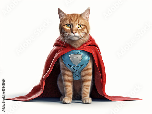 Portrait of a cat in a superman cape and on an isolated background. Generative AI