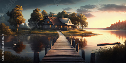 An old wooden house and a bridge to it on the island of a secluded small forest lake. Generative AI