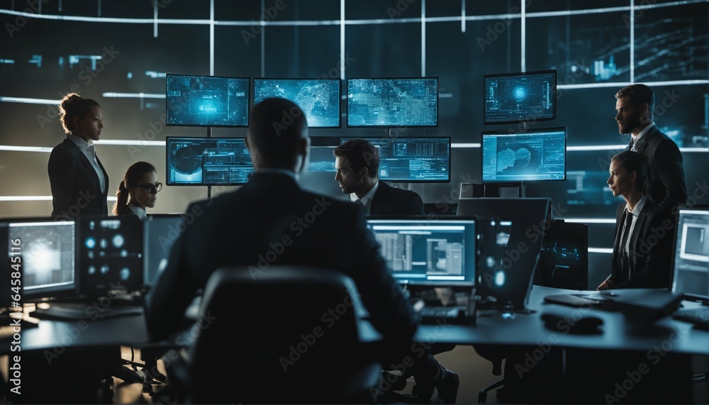Security team in futuristic cybersecurity workspace with advanced encryption and biometric access