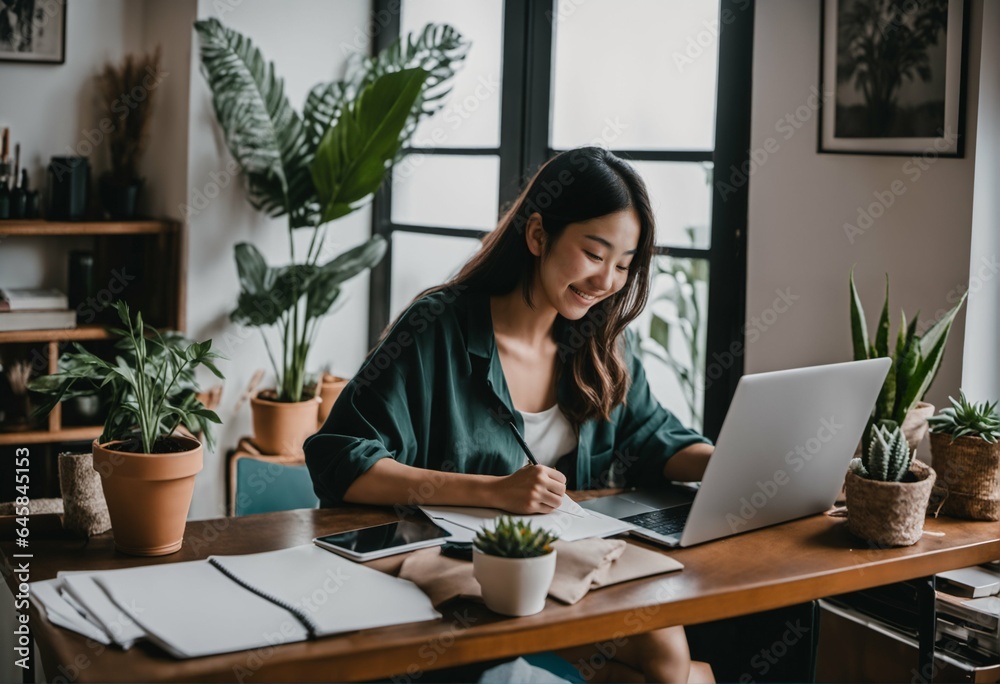 Cozy home office with GenZ Asia people smiling, work from home wfh concept Cozy home office with GenZ Asia people smiling, work from home wfh concept
