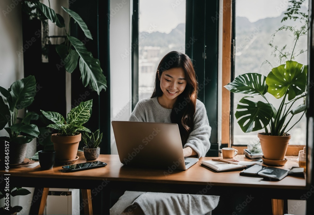 Cozy home office with GenZ Asia people smiling, work from home wfh concept Cozy home office with GenZ Asia people smiling, work from home wfh concept