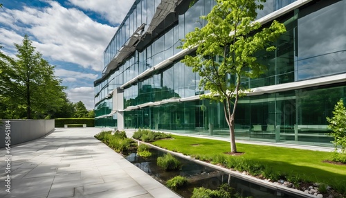 Glass office with eco-friendly design, featuring trees and green environment for sustainable building