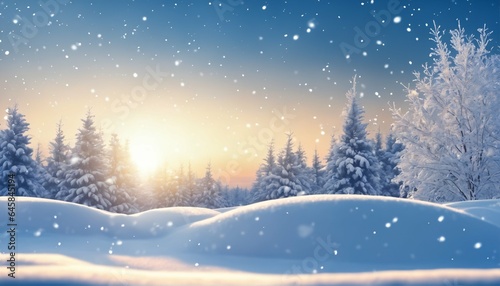 Winter snow flakes on blue sky in evening, winter snow background with snowdrifts, banner format, copy space
