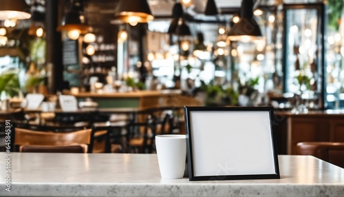 Marketing, design, and advertising mockup in cafe, blank white empty menu sign poster display paper on countertop