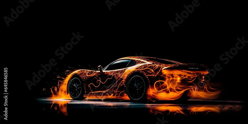 Fiery silhouette of a sports luxury car, on an isolated black background. Generative AI