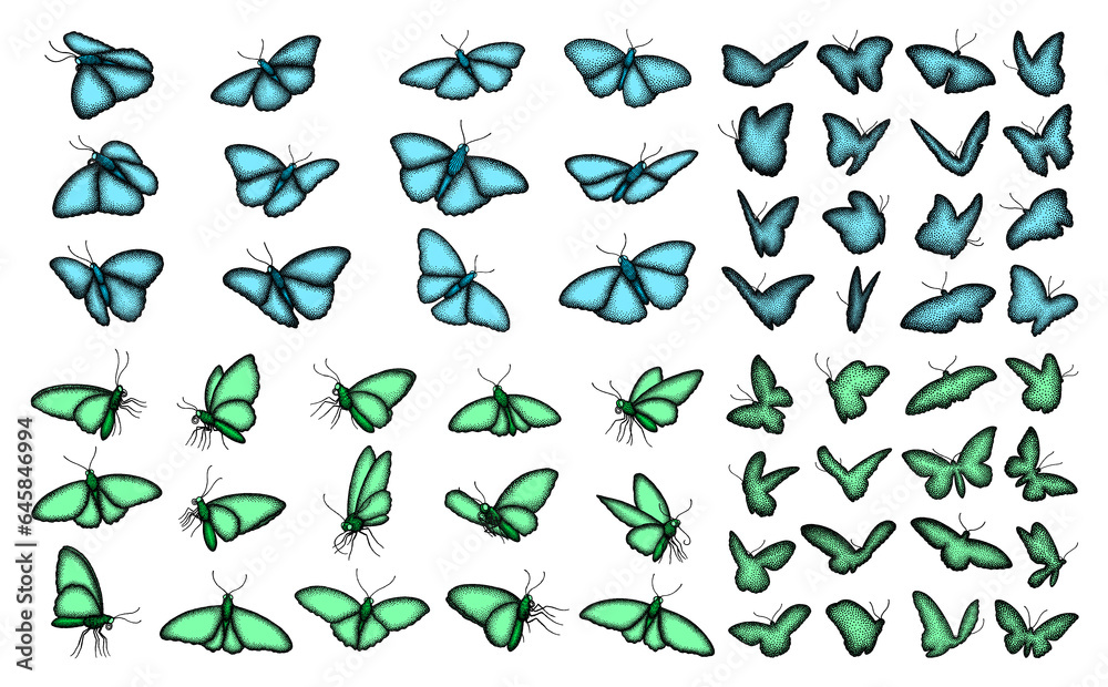 Colorful hand-drawn butterfly illustrations isolated on transparent background, line art style