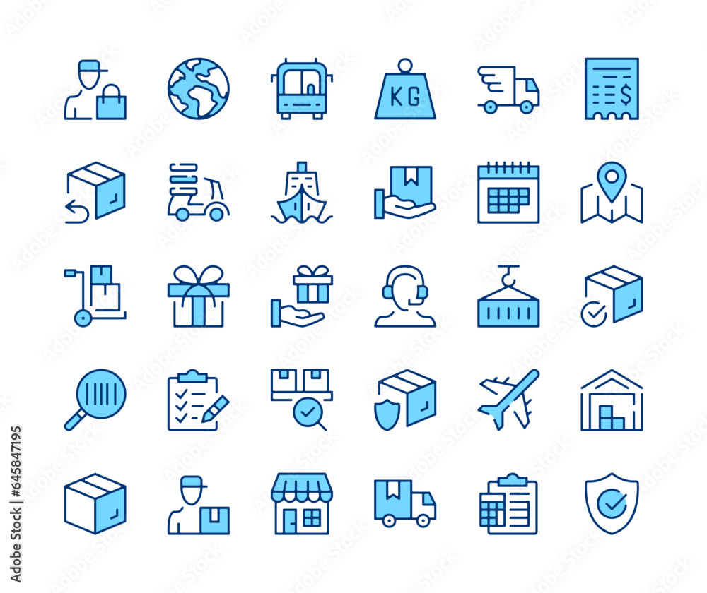 Logistics icons set. Vector line icons. Blue color outline stroke symbols. Modern concepts