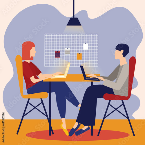 Working at home concept, Coworking space flat illustration. Young people, man and woman freelancers working at their home. Home office in  crisis. Vector flat style self employed illustration