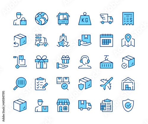 Logistics icons set. Vector line icons. Blue color outline stroke symbols. Modern concepts