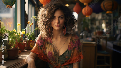 Colombian Latin woman, on the street, houses and cars in the background