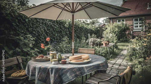 Summer garden picnic table. Created with Generative AI technology.