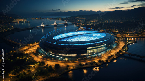 Internal and external view of a football stadium.