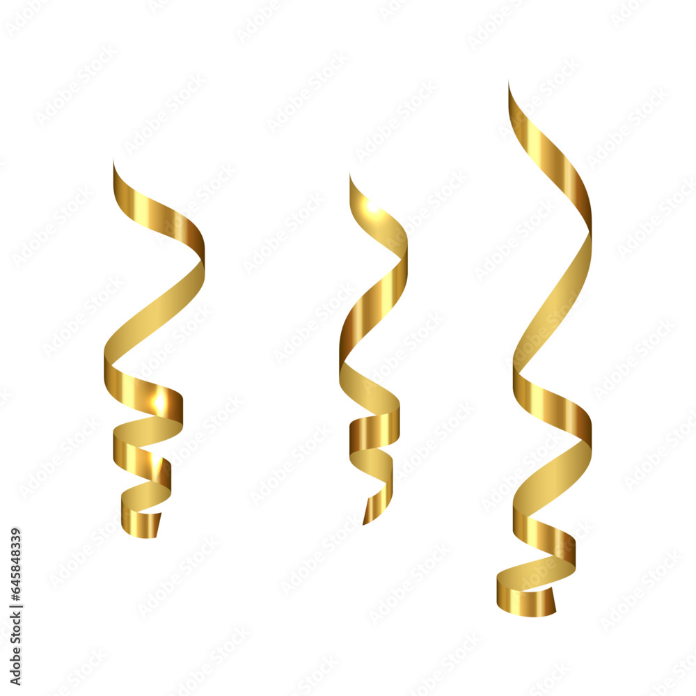 Vector golden curled ribbons serpentine realistic set with isolated Vector golden curled ribbons serpentine realistic set with isolated