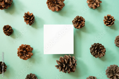 White card board with pine cone pattern on mint green background. top view, copy space