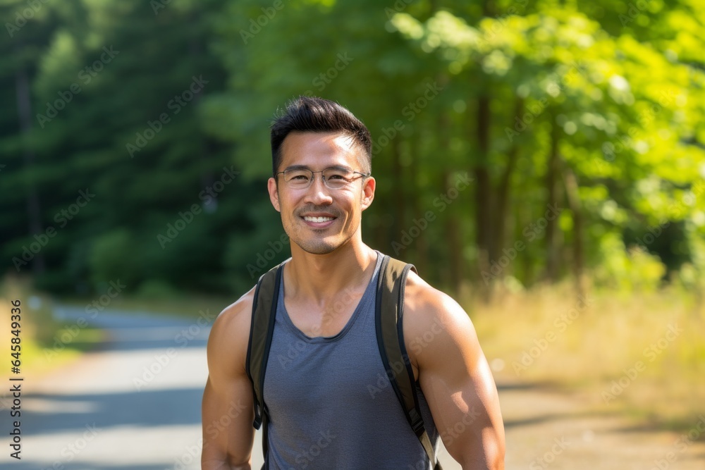 Portrait photography of a Vietnamese man in his 30s wearing a sporty tank top against a forest background Portrait photography of a Vietnamese man in his 30s wearing a sporty tank top against a forest background