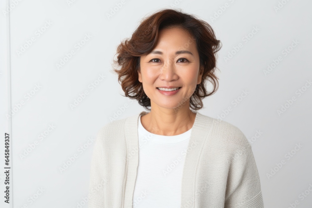 Portrait photography of a Vietnamese woman in her 40s against a white background Portrait photography of a Vietnamese woman in her 40s against a white background