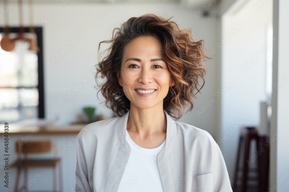 Lifestyle portrait photography of a Vietnamese woman in her 40s against a white background Lifestyle portrait photography of a Vietnamese woman in her 40s against a white background