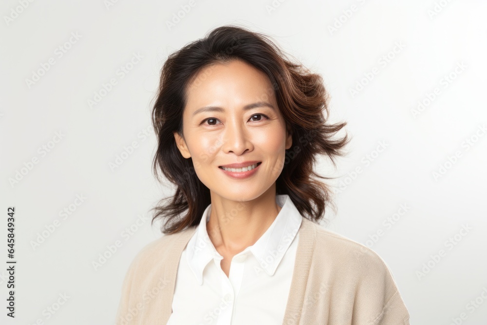 Lifestyle portrait photography of a Vietnamese woman in her 40s against a white background Lifestyle portrait photography of a Vietnamese woman in her 40s against a white background
