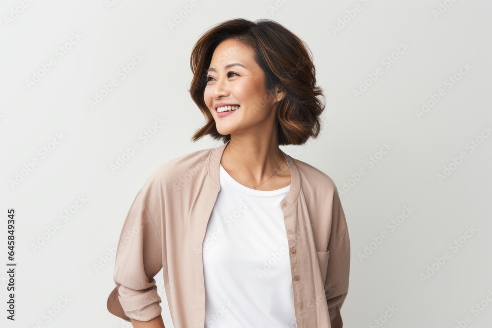 Lifestyle portrait photography of a Vietnamese woman in her 40s against a white background Lifestyle portrait photography of a Vietnamese woman in her 40s against a white background
