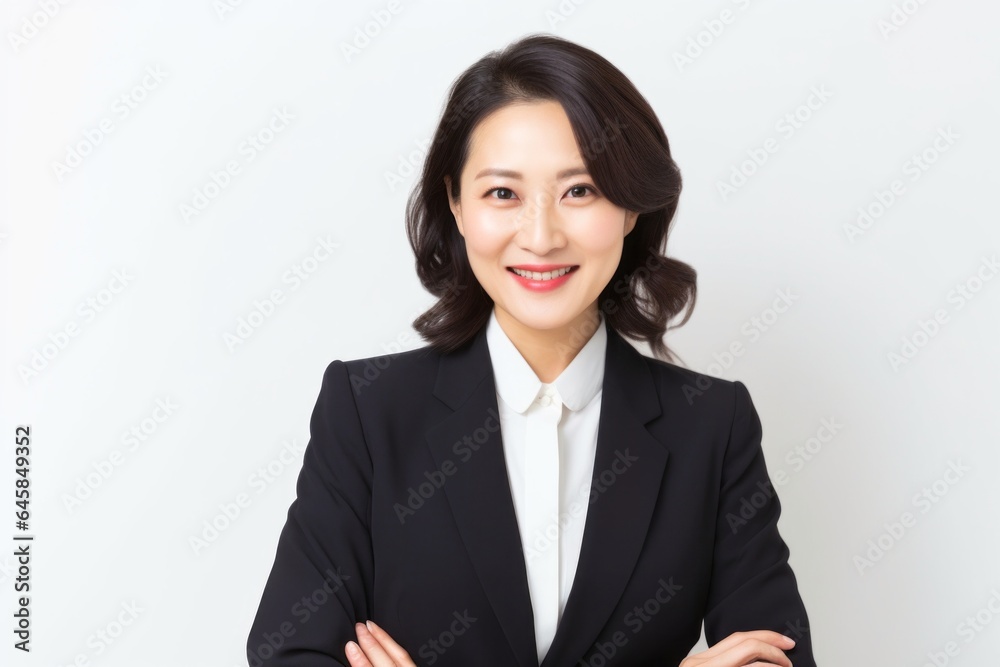 Lifestyle portrait photography of a Vietnamese woman in her 40s wearing a sleek suit against a white background Lifestyle portrait photography of a Vietnamese woman in her 40s wearing a sleek suit against a white background