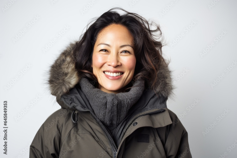 Portrait photography of a Vietnamese woman in her 40s wearing a warm parka against a white background Portrait photography of a Vietnamese woman in her 40s wearing a warm parka against a white background