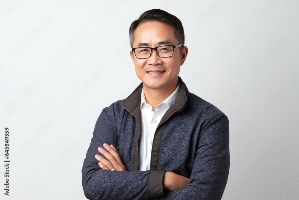 Medium shot portrait photography of a Vietnamese man in his 40s against a white background Medium shot portrait photography of a Vietnamese man in his 40s against a white background