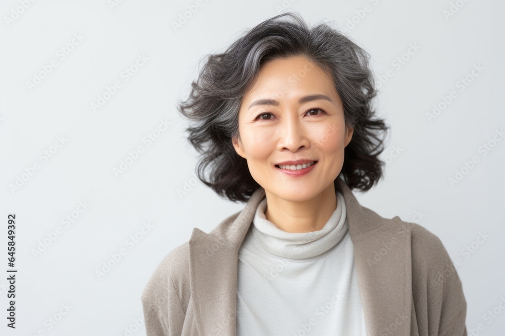 Portrait photography of a Vietnamese woman in her 50s against a white background Portrait photography of a Vietnamese woman in her 50s against a white background