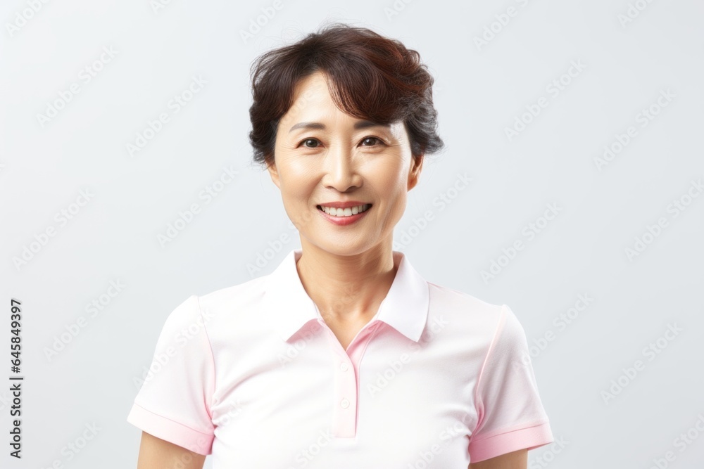 Medium shot portrait photography of a Vietnamese woman in her 50s wearing a sporty polo shirt against a white background Medium shot portrait photography of a Vietnamese woman in her 50s wearing a sporty polo shirt against a white background