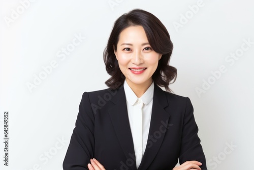 Lifestyle portrait photography of a Vietnamese woman in her 40s wearing a sleek suit against a white background