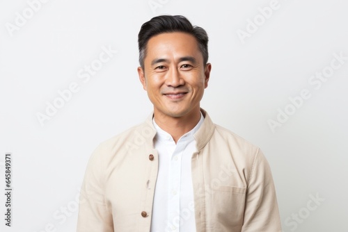 Medium shot portrait photography of a Vietnamese man in his 40s against a white background