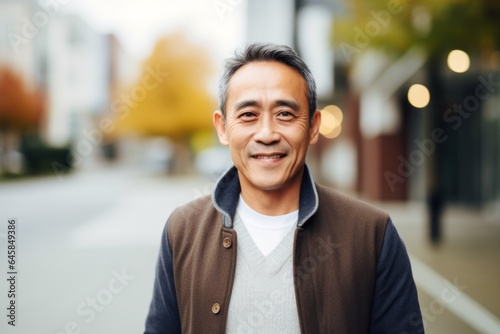 Medium shot portrait photography of a Vietnamese man in his 40s against a street background