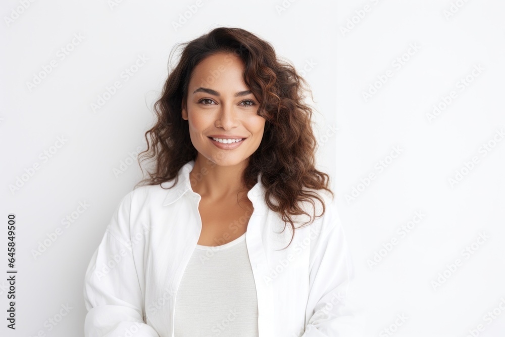 Portrait photography of a Peruvian woman in her 30s against a white background Portrait photography of a Peruvian woman in her 30s against a white background
