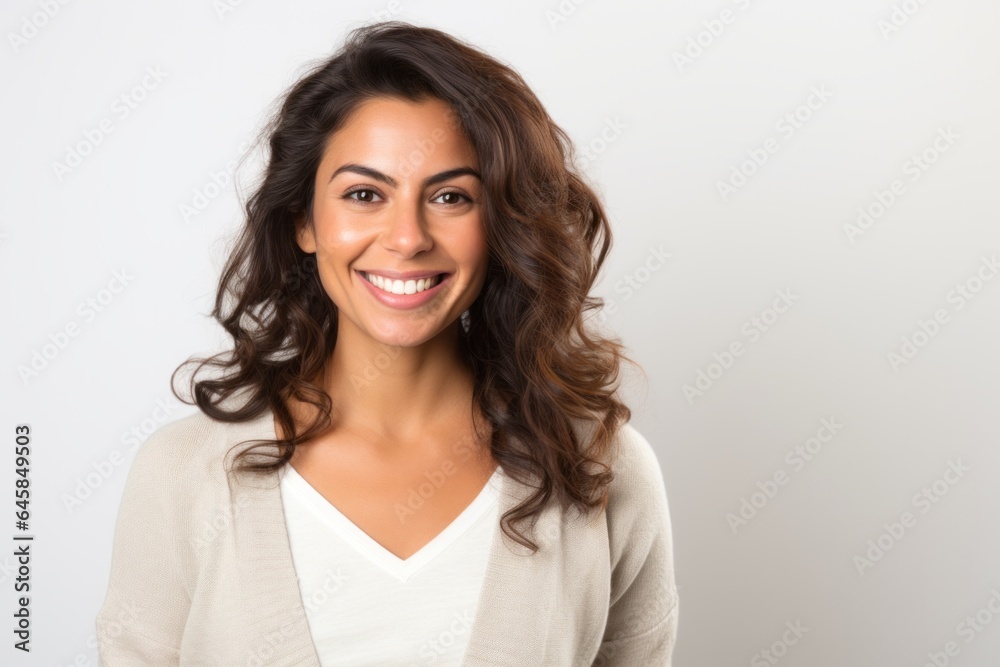 Portrait photography of a Peruvian woman in her 30s against a white background Portrait photography of a Peruvian woman in her 30s against a white background