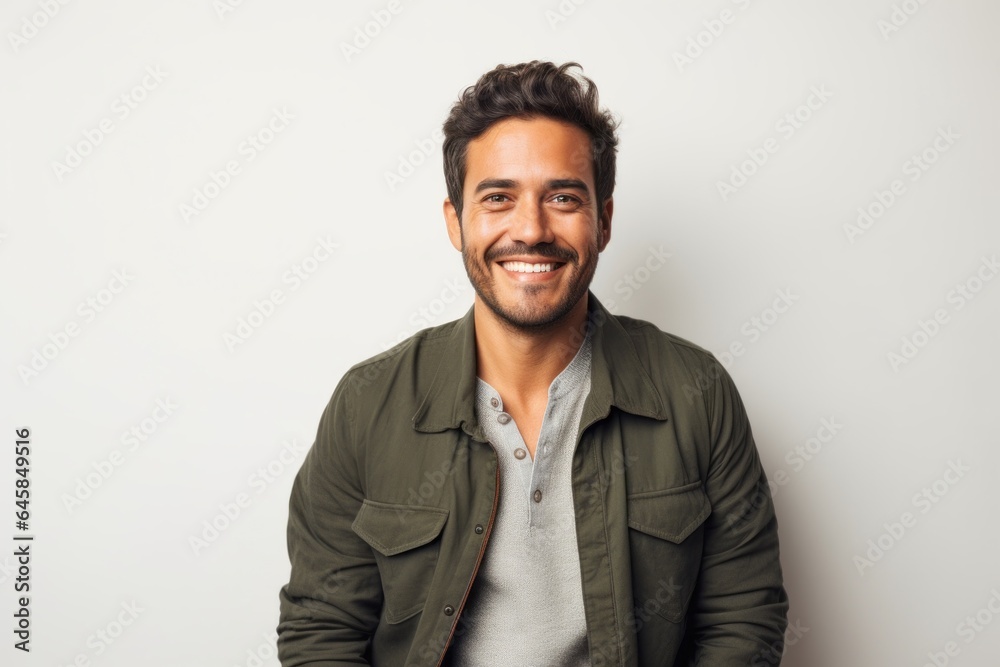 Portrait photography of a Peruvian man in his 30s against a white background Portrait photography of a Peruvian man in his 30s against a white background
