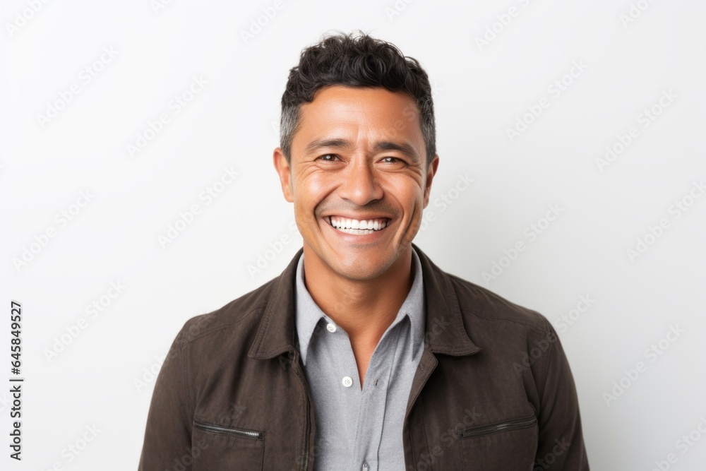 Lifestyle portrait photography of a Peruvian man in his 30s against a white background Lifestyle portrait photography of a Peruvian man in his 30s against a white background