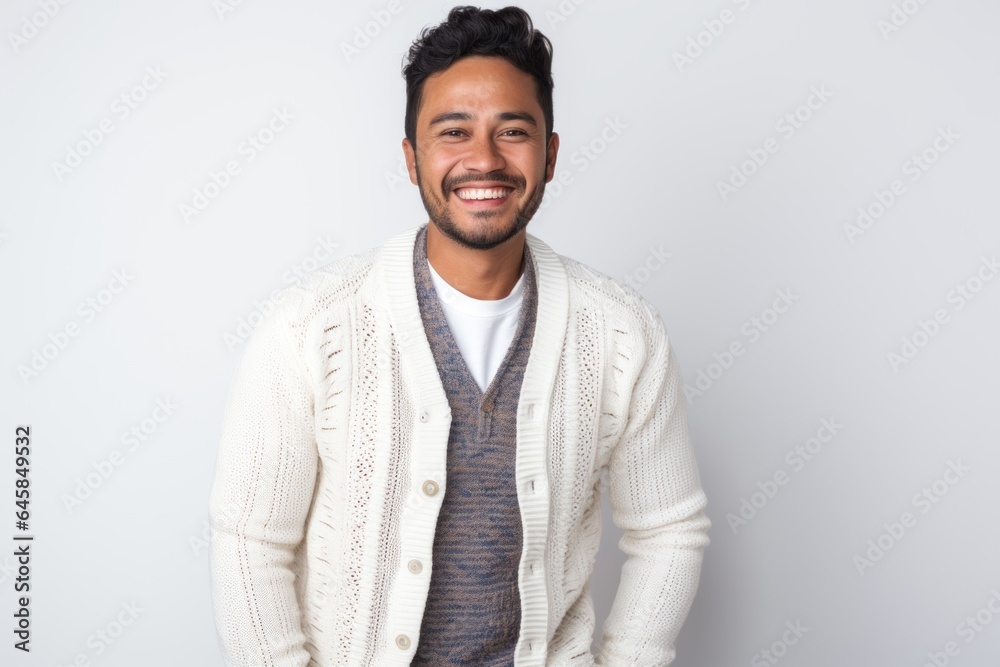 Lifestyle portrait photography of a Peruvian man in his 30s against a white background Lifestyle portrait photography of a Peruvian man in his 30s against a white background