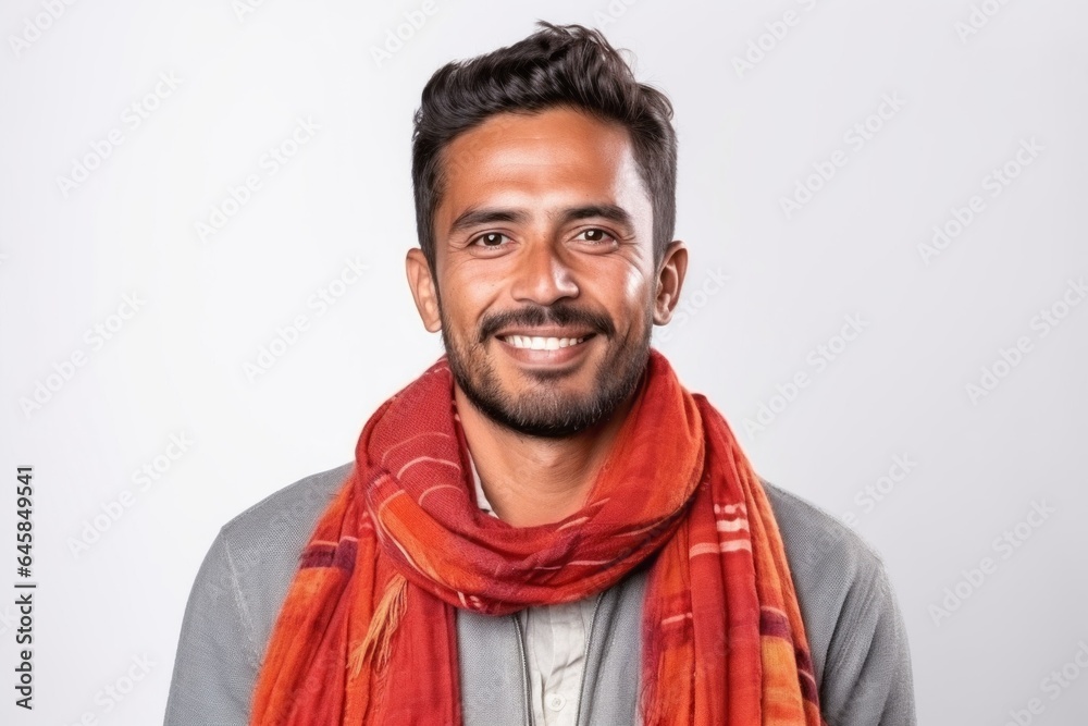 Medium shot portrait photography of a Peruvian man in his 30s wearing a foulard against a white background Medium shot portrait photography of a Peruvian man in his 30s wearing a foulard against a white background