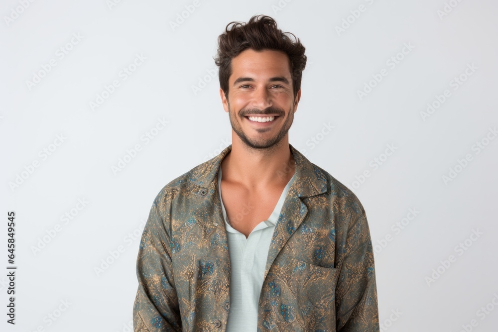 Portrait photography of a Peruvian man in his 30s wearing a snuggly pajama set against a white background Portrait photography of a Peruvian man in his 30s wearing a snuggly pajama set against a white background