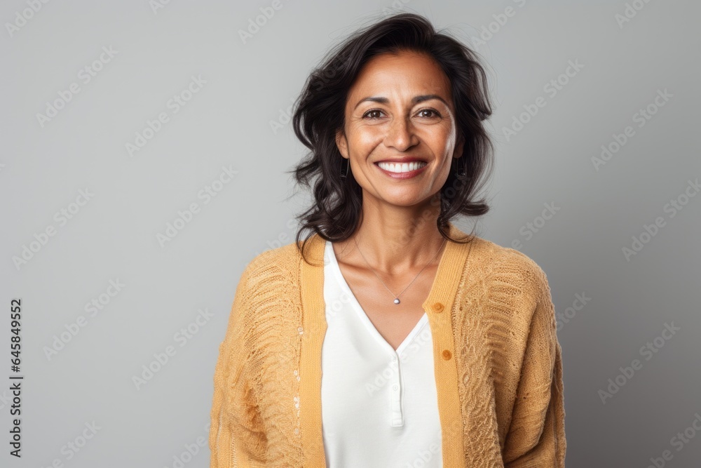 Portrait photography of a Peruvian woman in her 40s against a white background Portrait photography of a Peruvian woman in her 40s against a white background