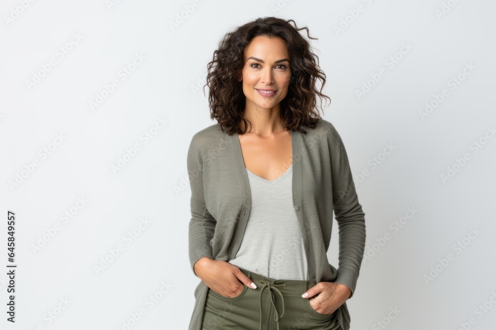 Lifestyle portrait photography of a Peruvian woman in her 40s against a white background Lifestyle portrait photography of a Peruvian woman in her 40s against a white background